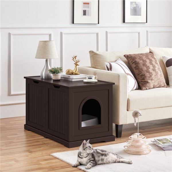 Yaheetech Wooden Pet Litter Box Side Table with Partition Wall Door Opening Spacious Storage Space, Espresso