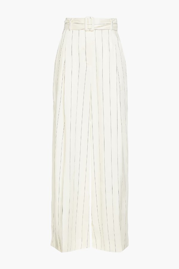 Belted pleated pinstriped linen-blend twill wide-leg pants