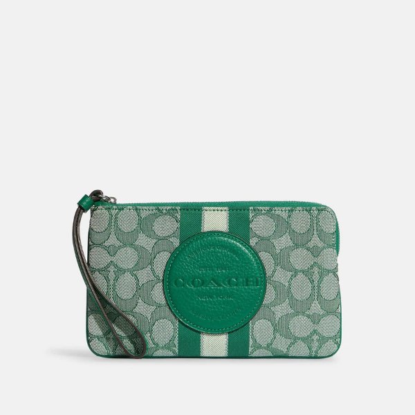 Dempsey Large Corner Zip Wristlet In Signature Jacquard With Stripe And Coach Patch