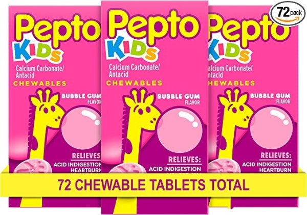 Pepto Kid's Bubblegum Flavor Chewable Tablets for Heartburn, Acid Indigestion, Sour Stomach, and Upset Stomach for Children 3x24 ct – 72 Total