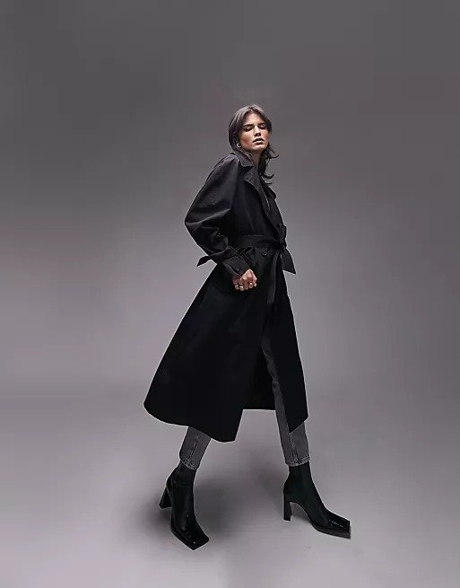 washed trench coat in black