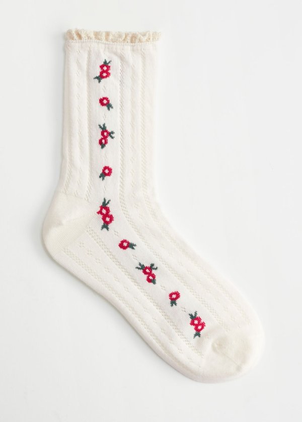 Frilled Floral Embroidery Socks