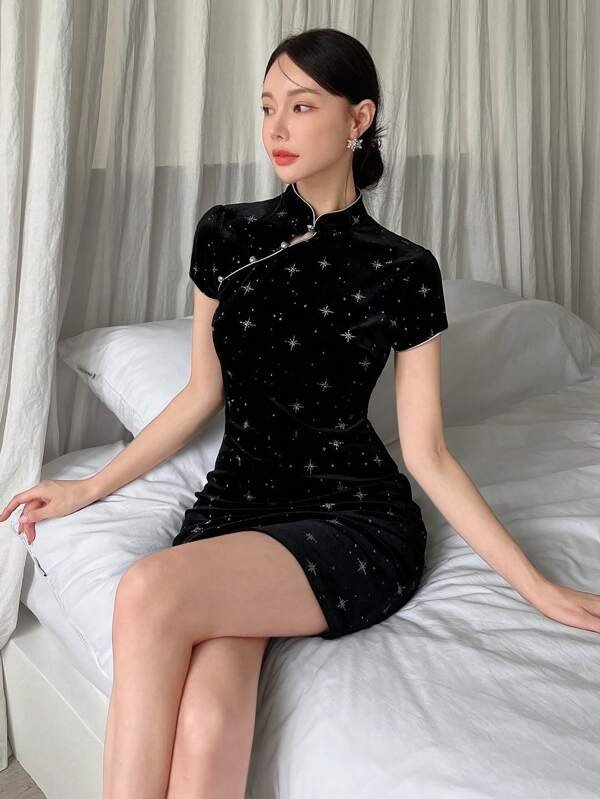 Neu New Chinese-Style Velvet Starry Elegant Qipao Collar Women'S Dress With Silver Hot Stamping