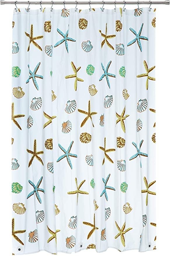 Decorative PEVA Mildew Free Water Repellant Shower Curtain 72x72 Comes With 12 Hooks (Starfish and Sea Shells)