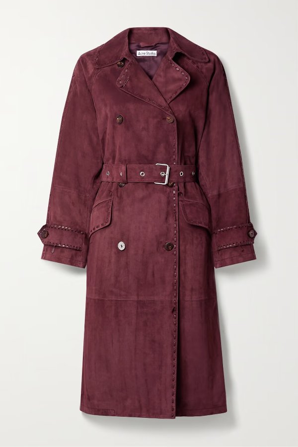 Whipstitched belted suede trench coat