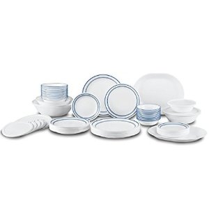 Corelle Livingware 74 Piece Classic Cafe Blue Dinnerware Set with Storage Lids, White
