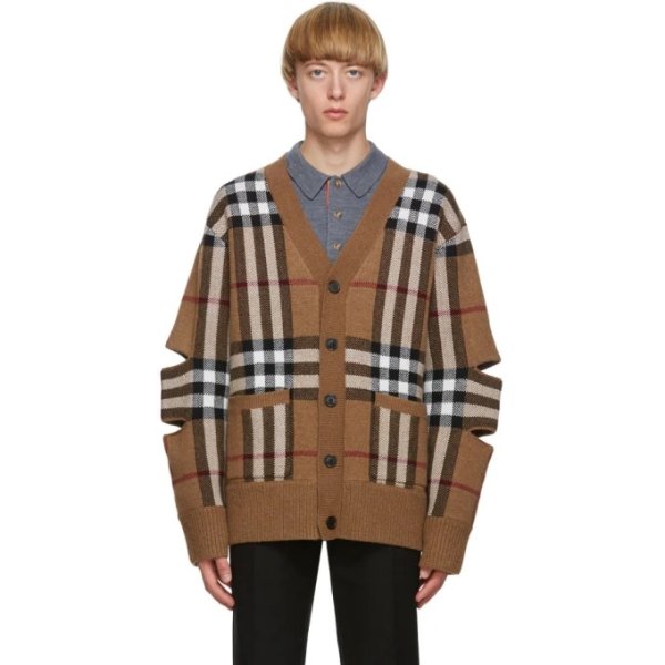 Brown Cashmere Check Cut-Out Cardigan