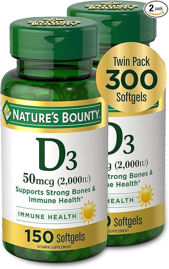 Vitamin D3 by Nature's Bounty, Vitamin Supplement, Supports Immune System and Bone Health, 50mcg, 2000IU, 150 Softgels (Pack of 2)