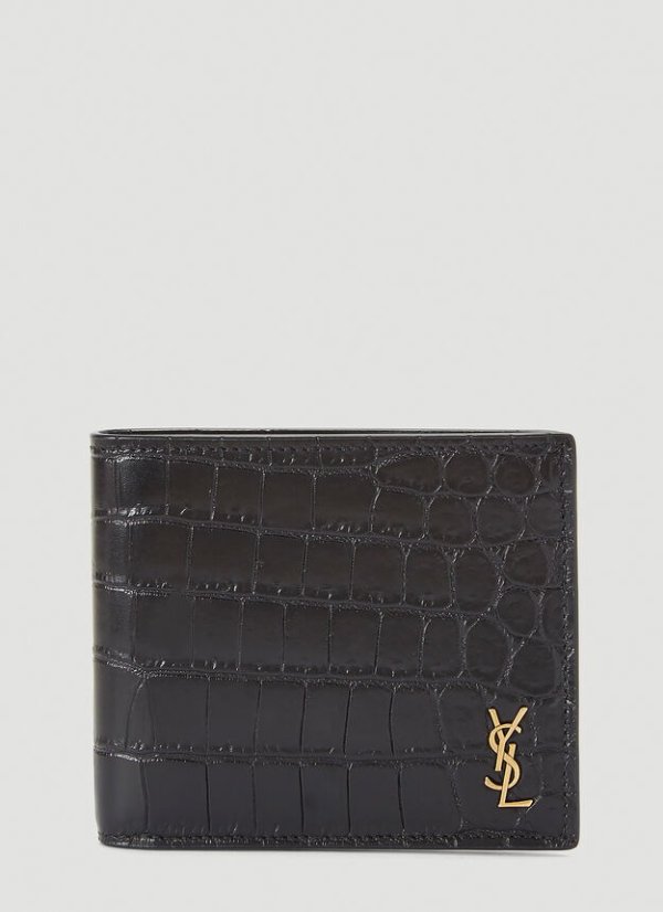 Crocodile-Embossed Bi-Fold Wallet in Black