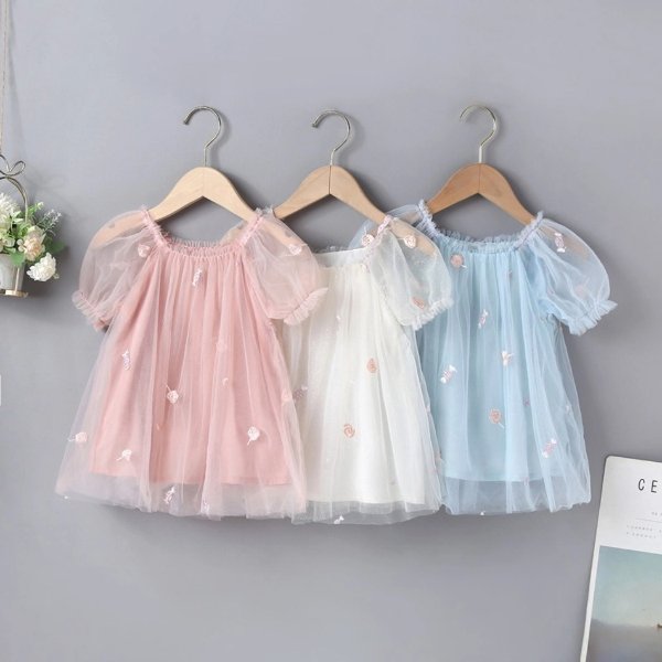 Toddler Girl Lollipop Candy Embroidery Ruffled Short Puff-sleeve Mesh Costume Party Dress