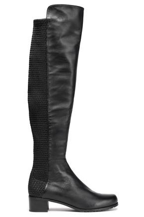 Woven and smooth leather knee boots