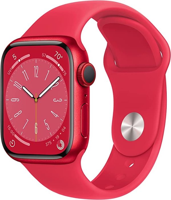 Watch Series 8 [GPS + Cellular 41mm] Smart watch w/ (PRODUCT)RED Aluminum Case w/ (PRODUCT)RED Sport Band-M/L. Fitness Tracker, Blood Oxygen & ECG Apps, Always-On Retina Display, Water Resistant