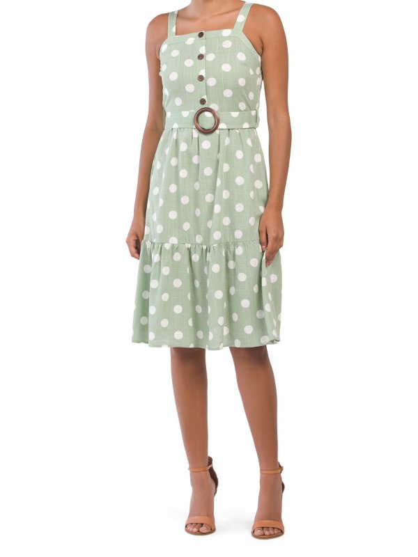 Linen Blend Polka Dot Button Dress
