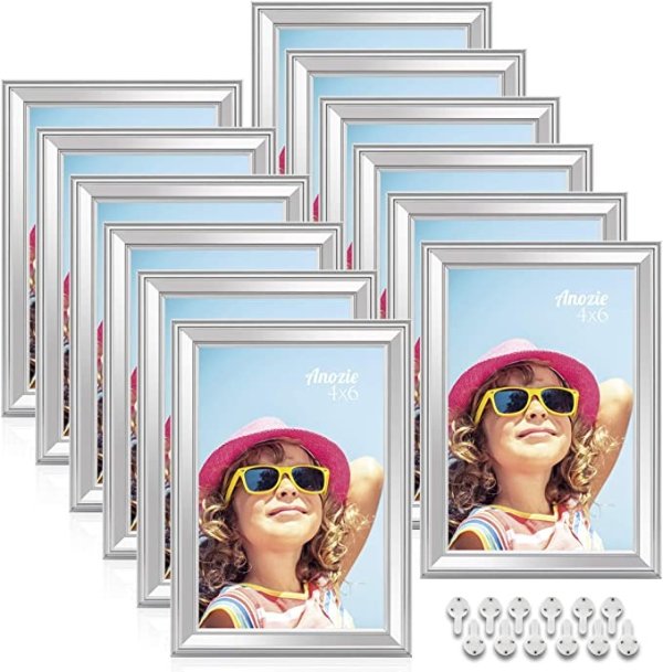 Anozie 4X6 Picture Frames(12 Pack,Silver) Simple Line Moulding Photo Frame Set with HD Real Glass for Tabletop or Wall Mount Display, Minimalist Collection (Silver, 4X6)
