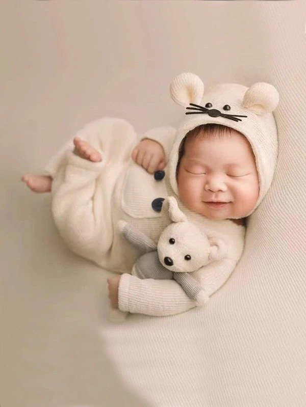 Newborn Unisex Photography Fake Button Jumpsuit & Toy & Hat