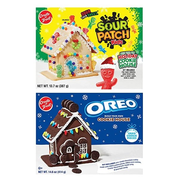Create-A-Treat OREO Holiday Cookie House Kit and SOUR PATCH KIDS Holiday Cookie House Kit, Holiday Cookie House Decorating Kit Variety Pack, 2 Pack