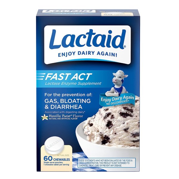 Lactaid Fast Act Lactose Intolerance Chewables with Lactase Enzymes, Vanilla, 60 Count (Pack of 1)