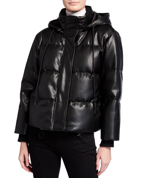 Robinson Faux-Leather Cropped Puffer Jacket w/ Hood