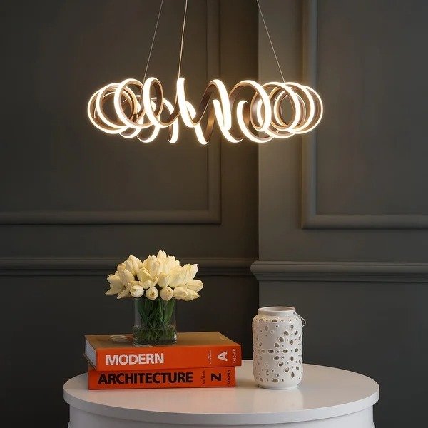 Cursive 24" Adjustable Spiral Integrated LED Metal Chandelier Ceiling Light, Coffee by JONATHAN Y