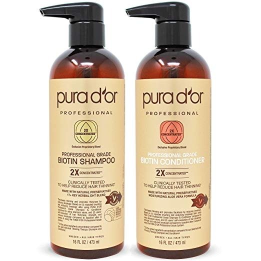 PURA D'OR Professional Grade Golden Biotin Anti-Hair Thinning 2X Concentrated Actives Shampoo & Conditioner Set Clinically Tested - Sulfate Free, Natural Ingredients - All Hair Types, Men & Women