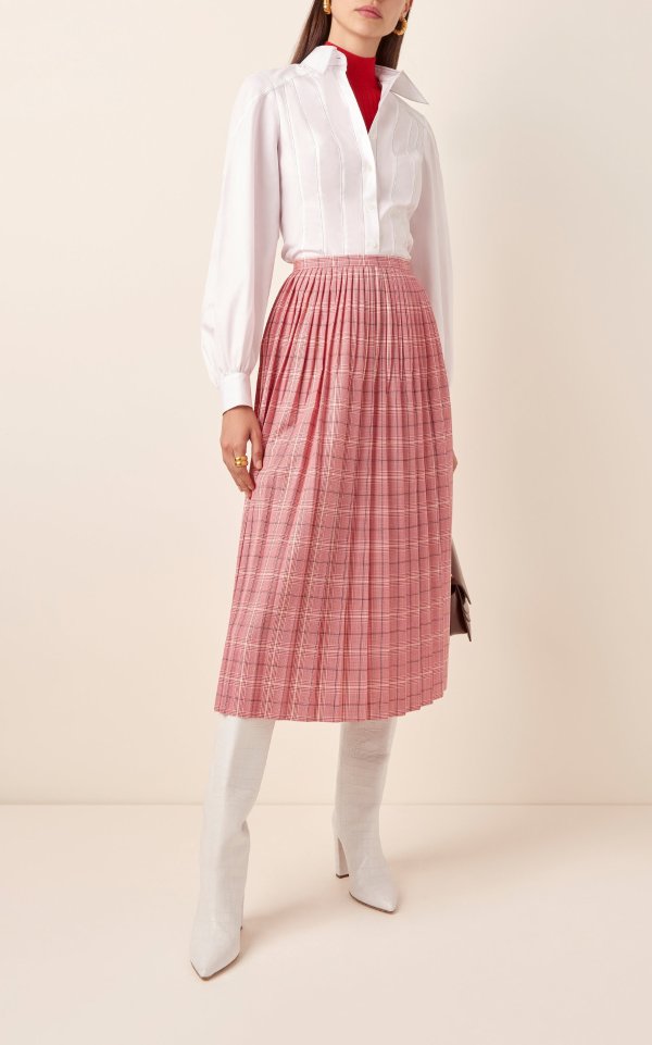 Pleated Plaid Twill Skirt