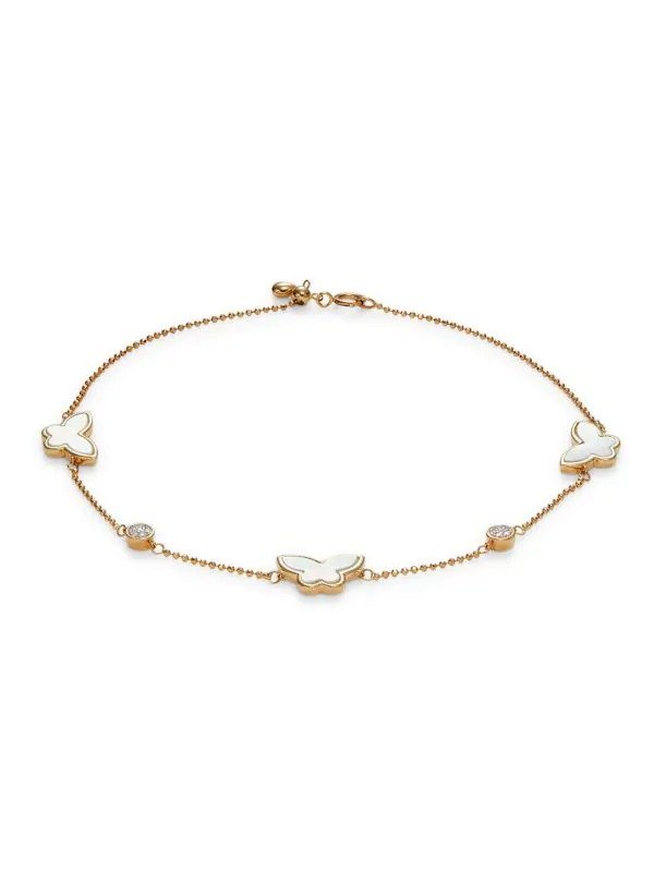 14K Yellow Gold, Mother Of Pearl & Diamond Butterfly Charm Bracelet