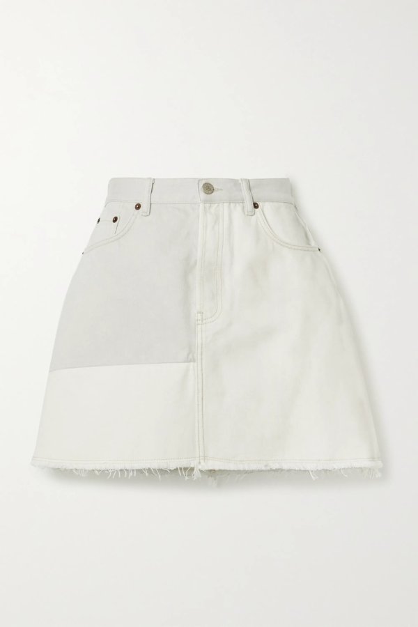 + NET SUSTAIN frayed patchwork organic denim mini skirt