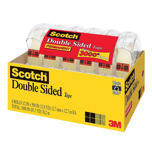 Scotch Double Sided Tape, 1/2 in x 500 in, 6 Dispensered Rolls