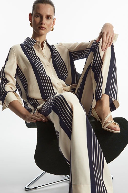 OVERSIZED STRIPED SATIN SHIRT - NAVY / CREAM / STRIPED - Tops - COS