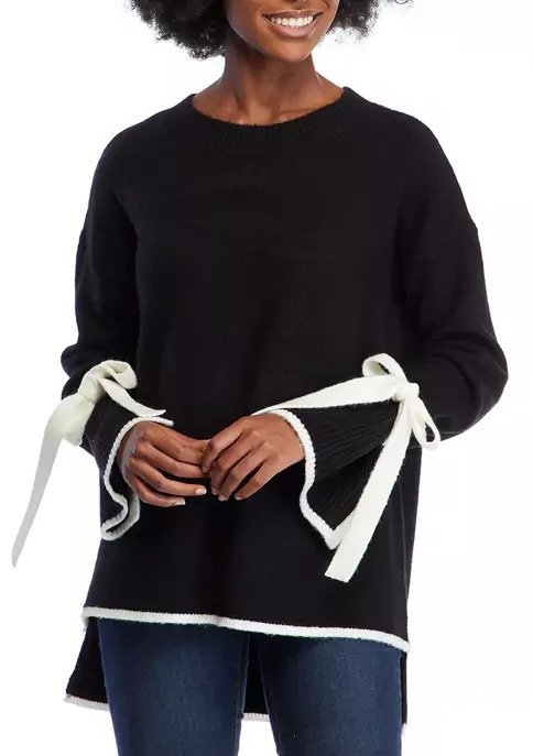 Women's Long Contrast Tie Sleeve Sweater