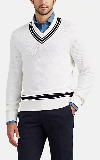 Striped V-Neck Cotton-Silk Sweater