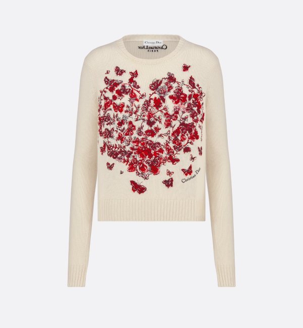 Embroidered Sweater Ecru and Red Cashmere Knit with Le Coeur des Papillons Motif
