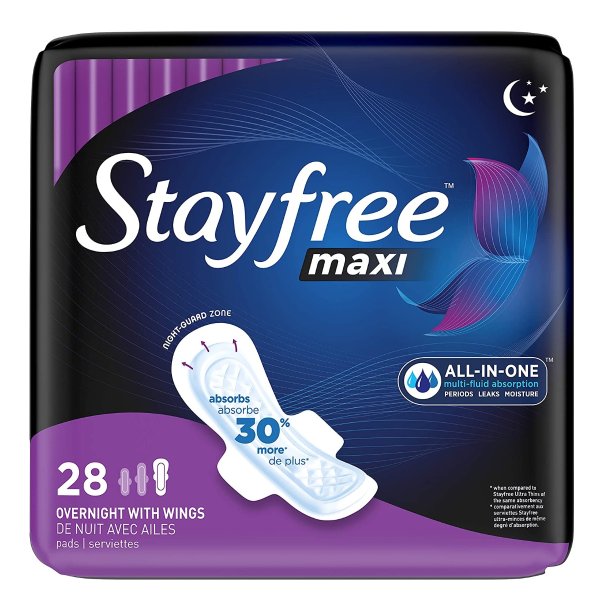 Maxi Overnight Pads with Wings, 28 count