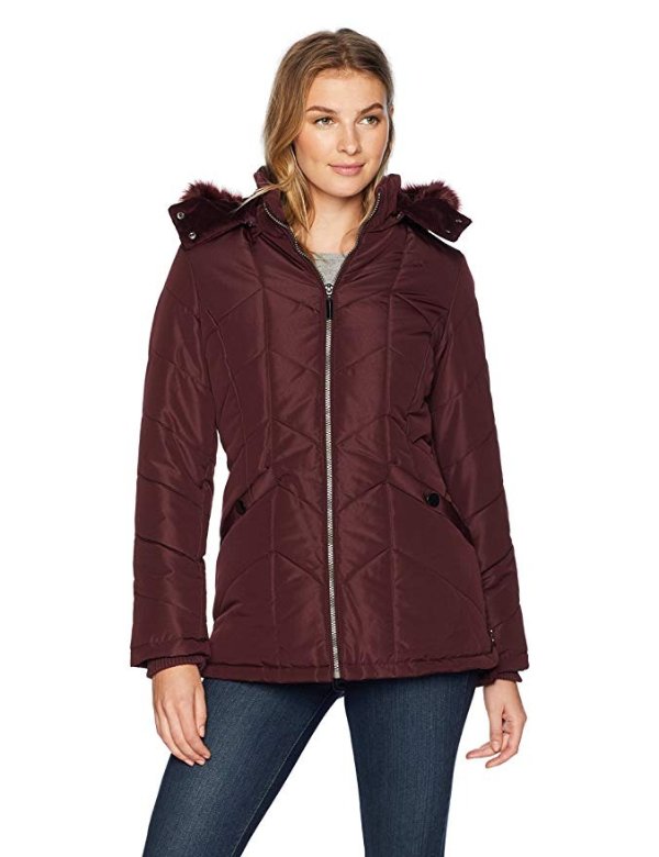 Details Women's Thigh-Length Coat with Cozy-Trimmed Hood