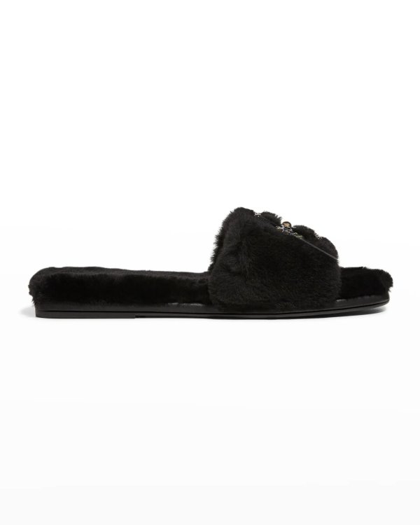 Jeweled Double T Shearling Sandals