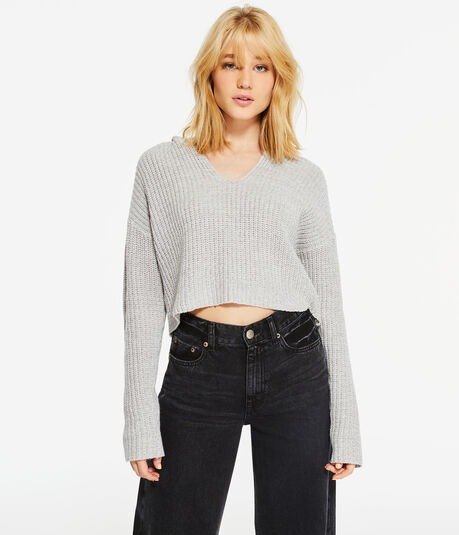 Solid Hooded Cropped V-Neck Sweater