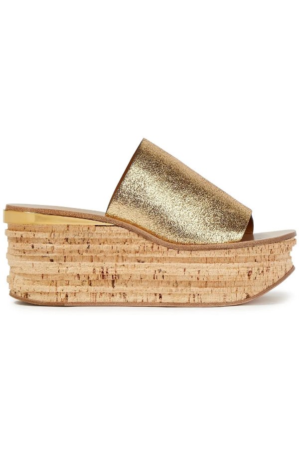 Camille metallic cracked-leather wedge sandals