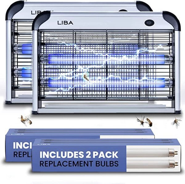 Electric Bug Zapper (2-Pack) Indoor Insect Killer - (4) Extra Replacement Bulbs - Fly, Mosquito Killer and Repellent - Lightweight, Powerful 2800V Grid, Easy-to-Clean, Removable Washable Tray.