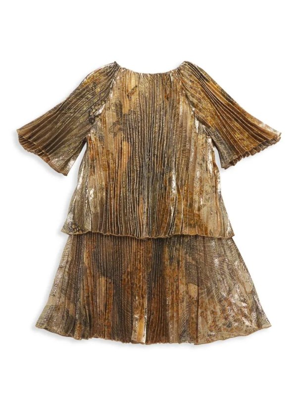 Girl's Rhea Metallic Animal-Print Pleated Dress