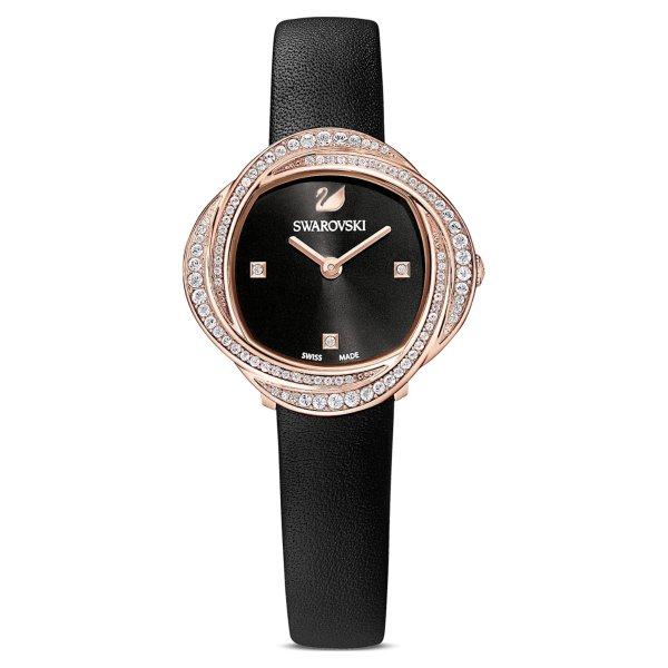 Crystal Flower Watch, Leather strap, Black, Rose-gold tone PVD by SWAROVSKI