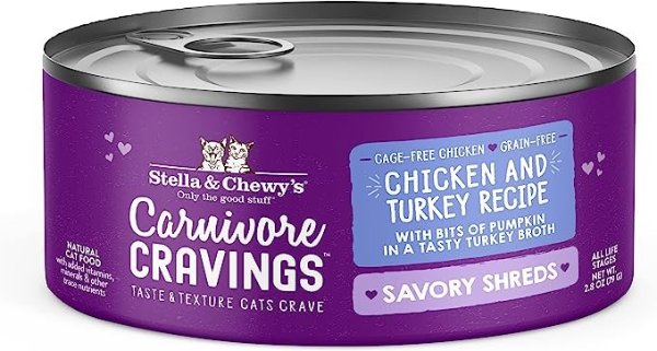 Stella & Chewy’s Carnivore Cravings Savory Shreds Cans – Grain Free, Protein Rich Wet Cat Food – Cage-Free Chicken & Turkey Recipe – (2.8 Ounce Cans, Case of 24)