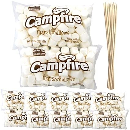 Case Pack 12 Pounds Bulk Campfire Marshmallows with (100) Roasting Sticks - (12) One Pound Bags of Large Campfire Marshmallows with 12" Roasting Sticks - Made with Natural Vanilla