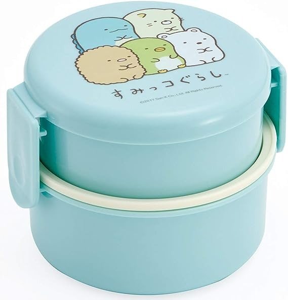 Sumikkogurashi 2 Tier Round Bento Lunch Box with Folk (17oz) - Authentic Japanese Design - Microwave Safe - Blue