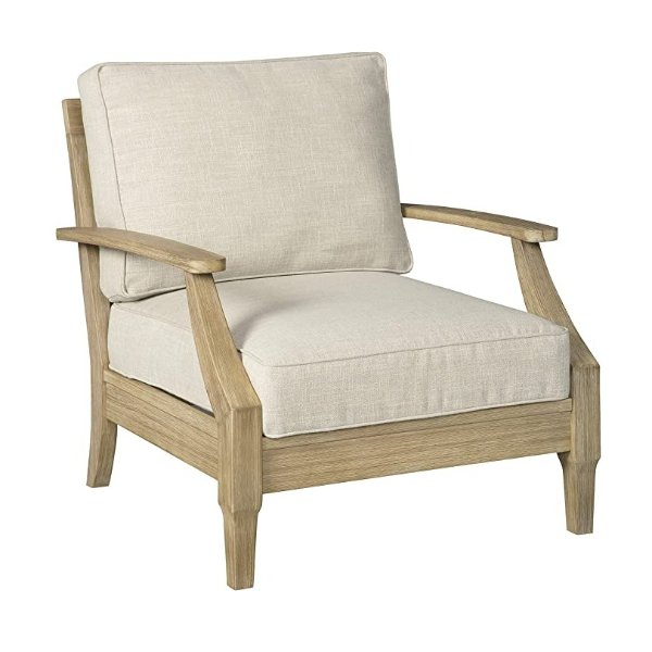 Signature Design by Ashley Clare View Outdoor Eucalyptus Wood Single Cushioned Lounge Chair, Beige