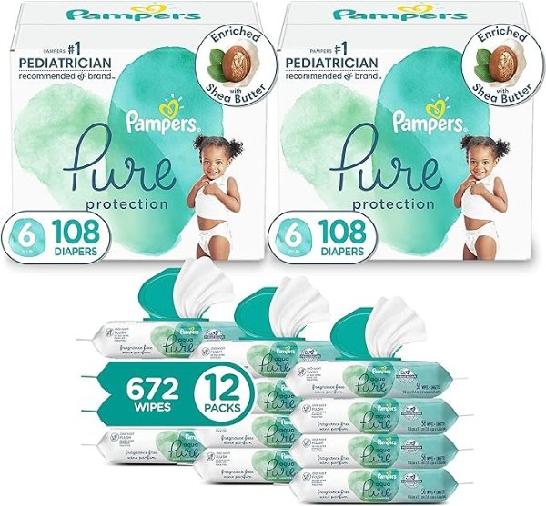 Pure Protection Disposable Baby Diapers Size 6, 2 Month Supply (2 x 108 Count) with Aqua Pure Sensitive Baby Wipes, 12X Pop-Top Packs (672 Count)