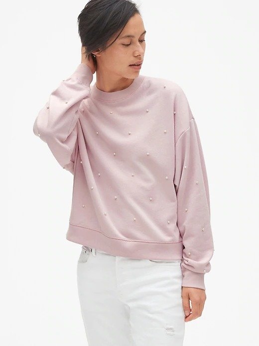 Pearl Embellished Pullover Sweatshirt in French Terry
