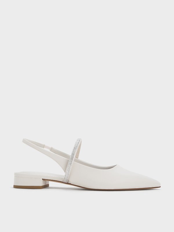 Crystal-Strap Pointed-Toe Slingback Flats - White