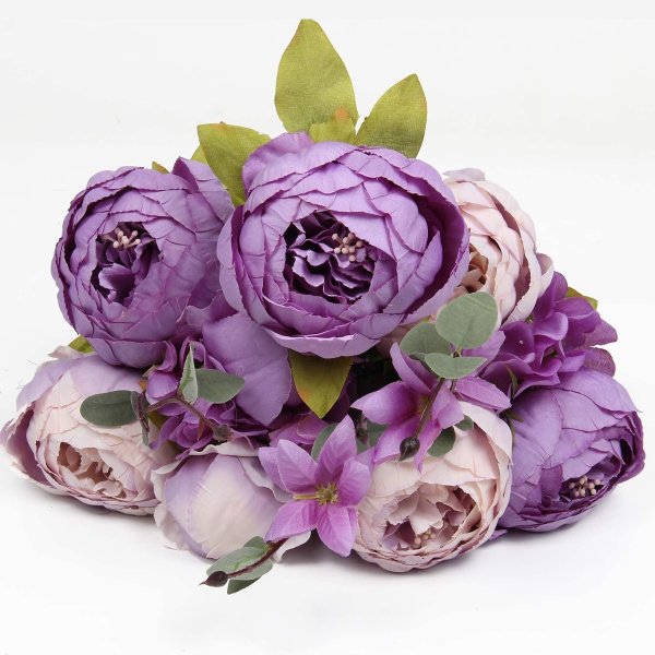 Flojery Silk Peony Bouquet Vintage Artificial Peonies Flower for Home Wedding Party Decor (1pcs, Beige/Lavender)