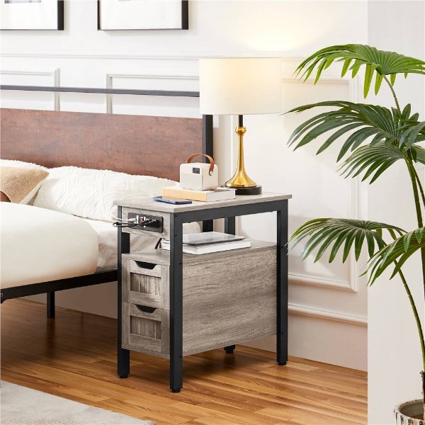 Nightstand with Charging Station, Narrow Bedside Table with 2 Drawer & Shelf, Wooden End Table Sofa Side Table with USB Ports & Power Outlets for Living Room/Bedroom/Small Space, Gray