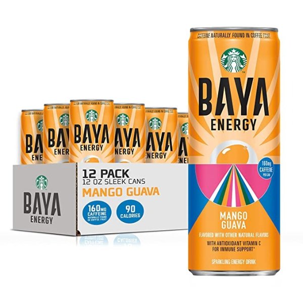 RTD Energy Drink, BAYA, Mango Guava, 200mg Caffeine naturally found in coffeeberry, 12oz Sleek Cans (12 Pack)